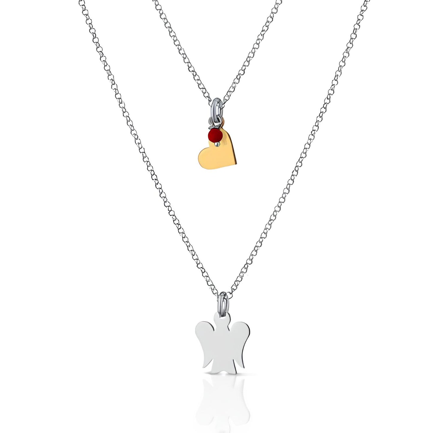 Collana Girocollo Doppia Catena con Angelo e Cuore in Argento