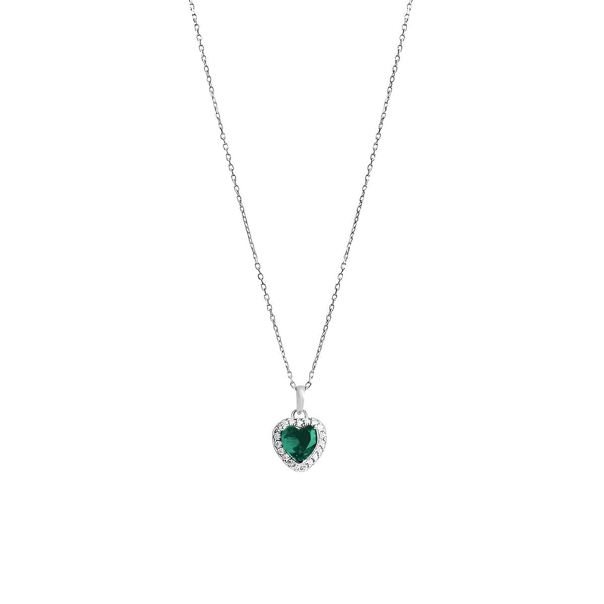 Collana in Argento 925 con Cuore colore Smeraldo e Contorno di Zirconi Bianchi