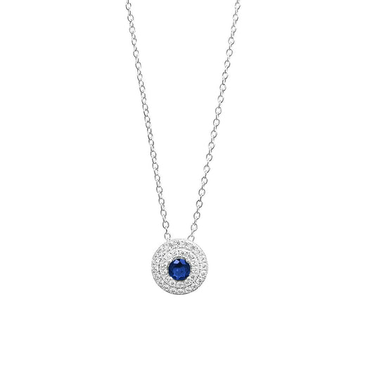 Collana in Argento 925 con Pietra Colore Zaffiro e doppio contorno di zirconi bianchi