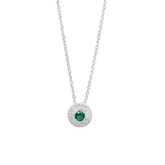 Collana in Argento 925 con Zircone Verde e Doppio Contorno di Zirconi Bianchi