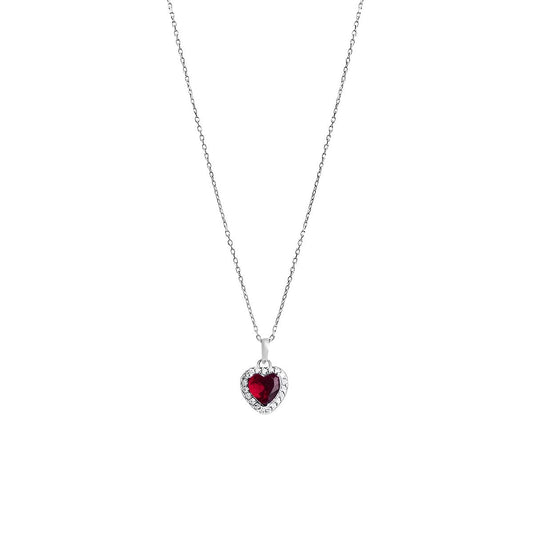 Collana in Argento 925 con Cuore colore Rubino e Contorno di Zirconi Bianchi