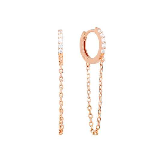 Orecchini in Argento 925 con PVD Oro Rosa – Cerchietti con Zirconi Bianchi e Catenina Pendenti