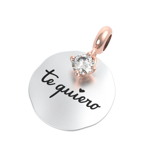 Charm Rerum “Te Quiero” Tondo in Acciaio con Cristallo di Rocca e Dettagli in PVD Rosé