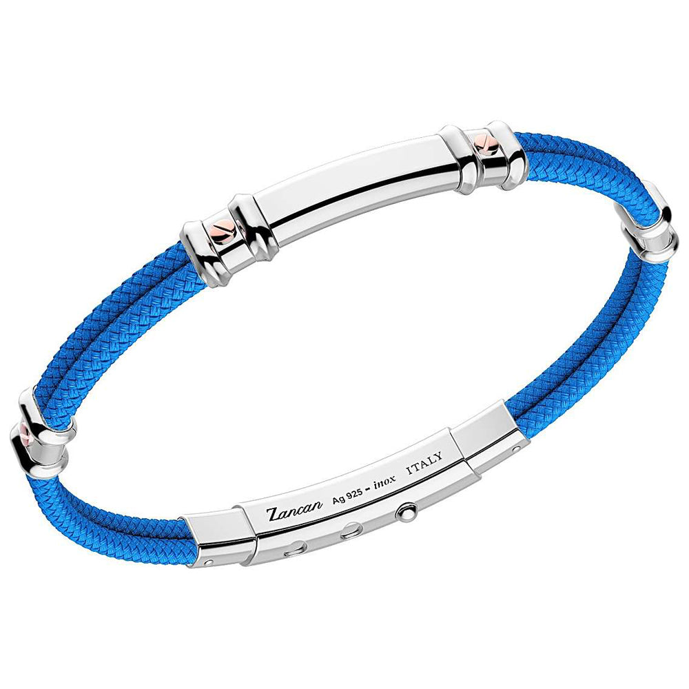 Bracciale Zancan Uomo in Argento e Kevlar Azzurro con Dettagli in Oro Rosa – Chiusura Regolabile in Acciaio