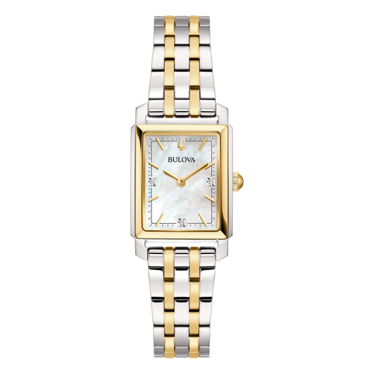 Orologio Donna Bulova Sutton Tank 98P220 – Acciaio Bicolore, Diamanti e Madreperla