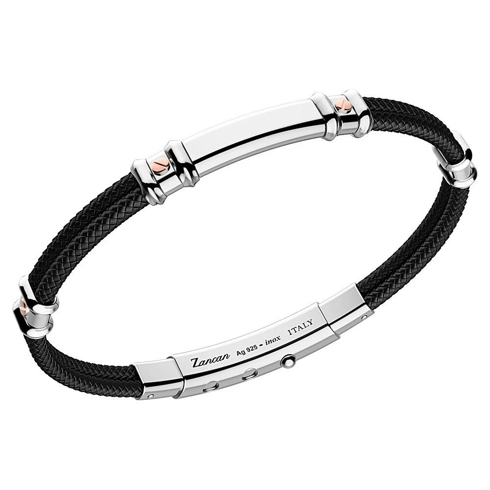 Bracciale Zancan Uomo in Argento e Kevlar Nero con Dettagli in Oro Rosa – Chiusura Regolabile in Acciaio